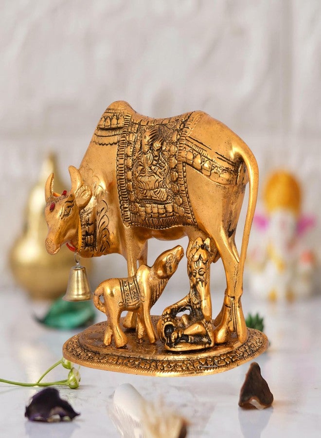 CHHARIYA CRAFTS تمثال بقرة كامدهينو مع عجلها من المعدن من إنتاج شركة تشاريا كرافتس، قطعة ديكور منزلية وهدية مثالية للمنزل والمكتب، تمثال تذكاري لجلب الحظ السعيد. - Image 2